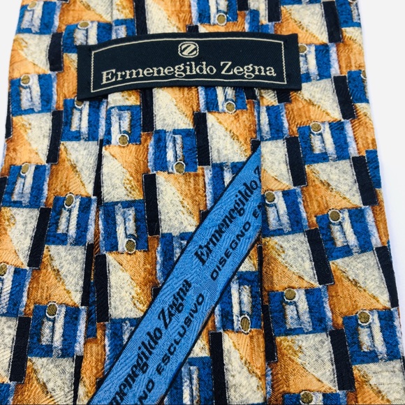 Zegna Gold Blue Geometric ZEGNA Silk Tie - Picture 2 of 5